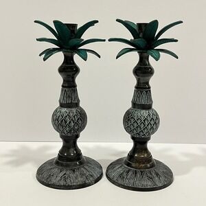 Vintage Tropical Palm Tree Taper Candlestick Holders Verdigris Bronze Set of 2